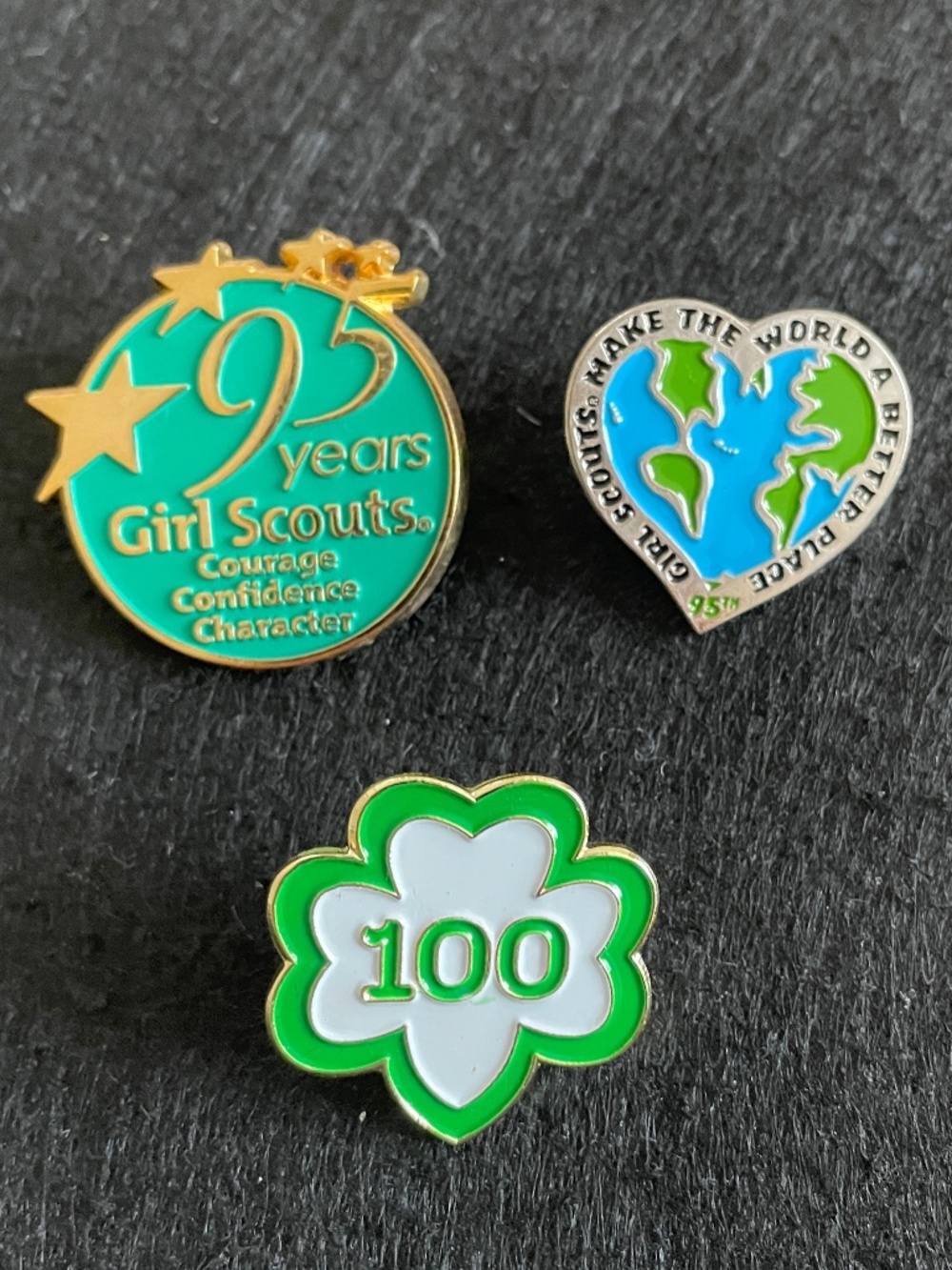 3 Girl Scouts Pins GS 100 Trefoil 95 Years 95 Heart Globe